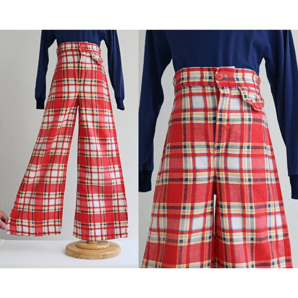 1970's Vintage Carol Evans Cherry Plaid Bell Bottoms Kid's Size 6/7/8 Small SM